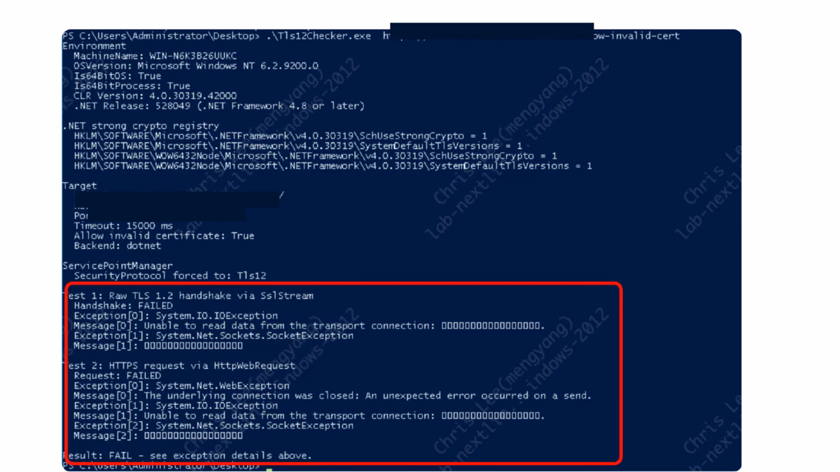 使用 Windows Schannel（.NET SslStream）連線測試，握手階段即失敗